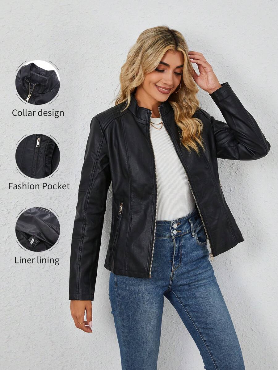 Giolshon Women's Fall/Winter Faux Leather Biker Jacket - Asymmetric Zip, Stand Collar For Edgy Commuting