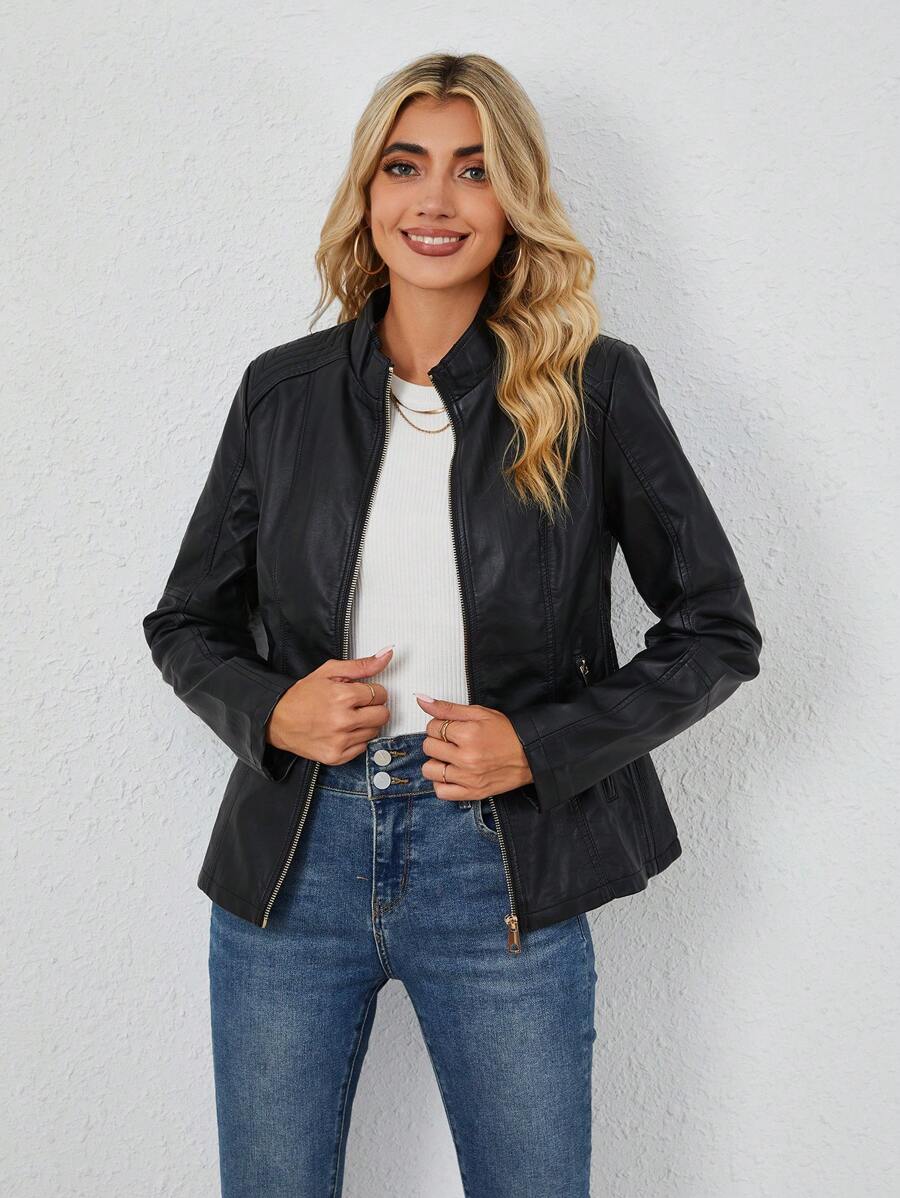 Giolshon Women's Fall/Winter Faux Leather Biker Jacket - Asymmetric Zip, Stand Collar For Edgy Commuting