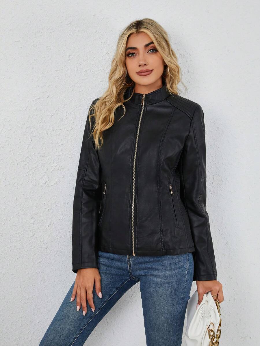Giolshon Women's Fall/Winter Faux Leather Biker Jacket - Asymmetric Zip, Stand Collar For Edgy Commuting