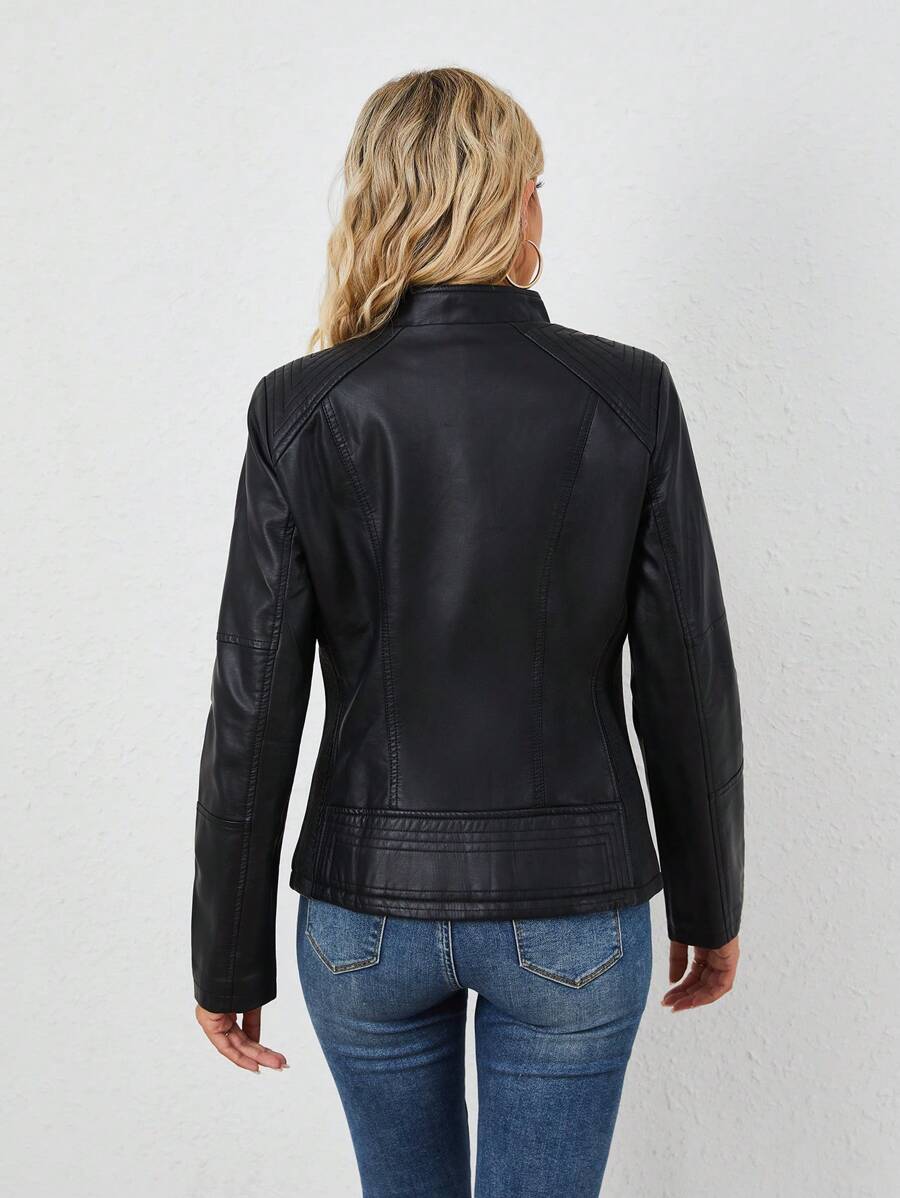Giolshon Women's Fall/Winter Faux Leather Biker Jacket - Asymmetric Zip, Stand Collar For Edgy Commuting