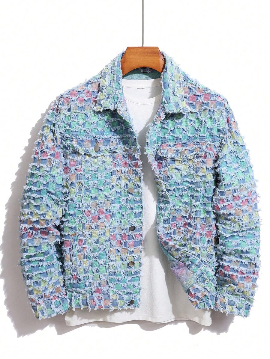 Manfinity Homme Men's Checkered Fringe Trim Long Sleeve Loose Denim Jacket Going Out Hang Out Disco Vacation Street, Fall