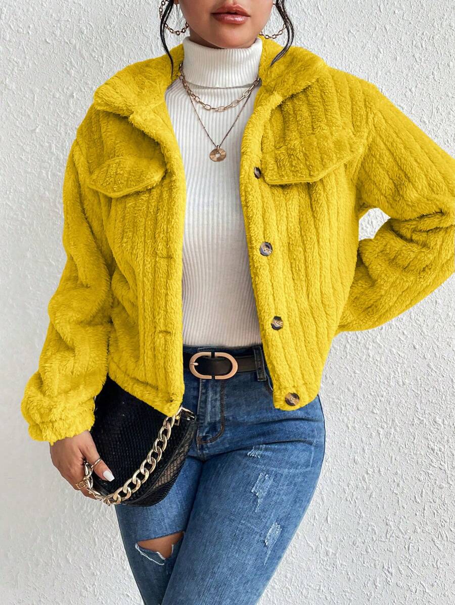 EMERY ROSE Flap Detail Fluffy Jacket Fall Winter Cloth For Women
