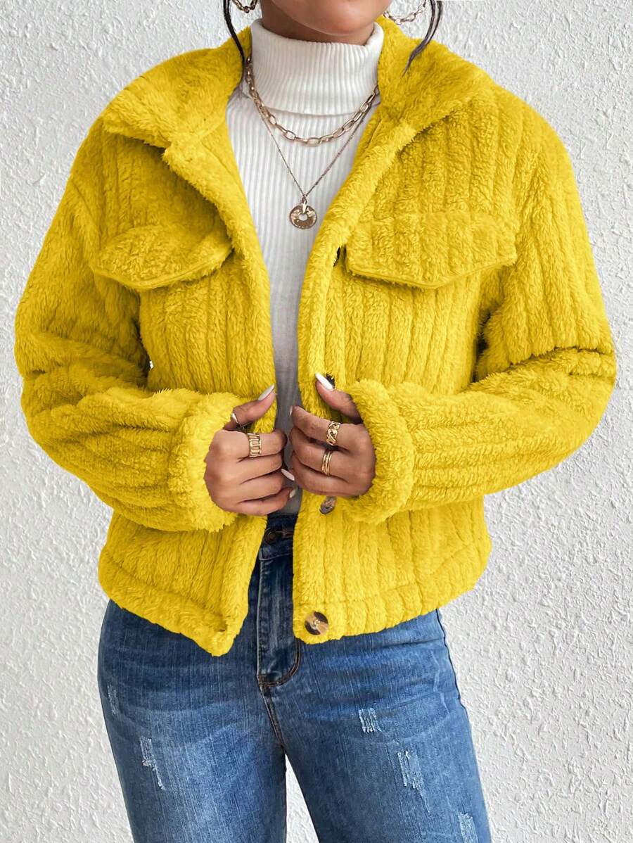 EMERY ROSE Flap Detail Fluffy Jacket Fall Winter Cloth For Women