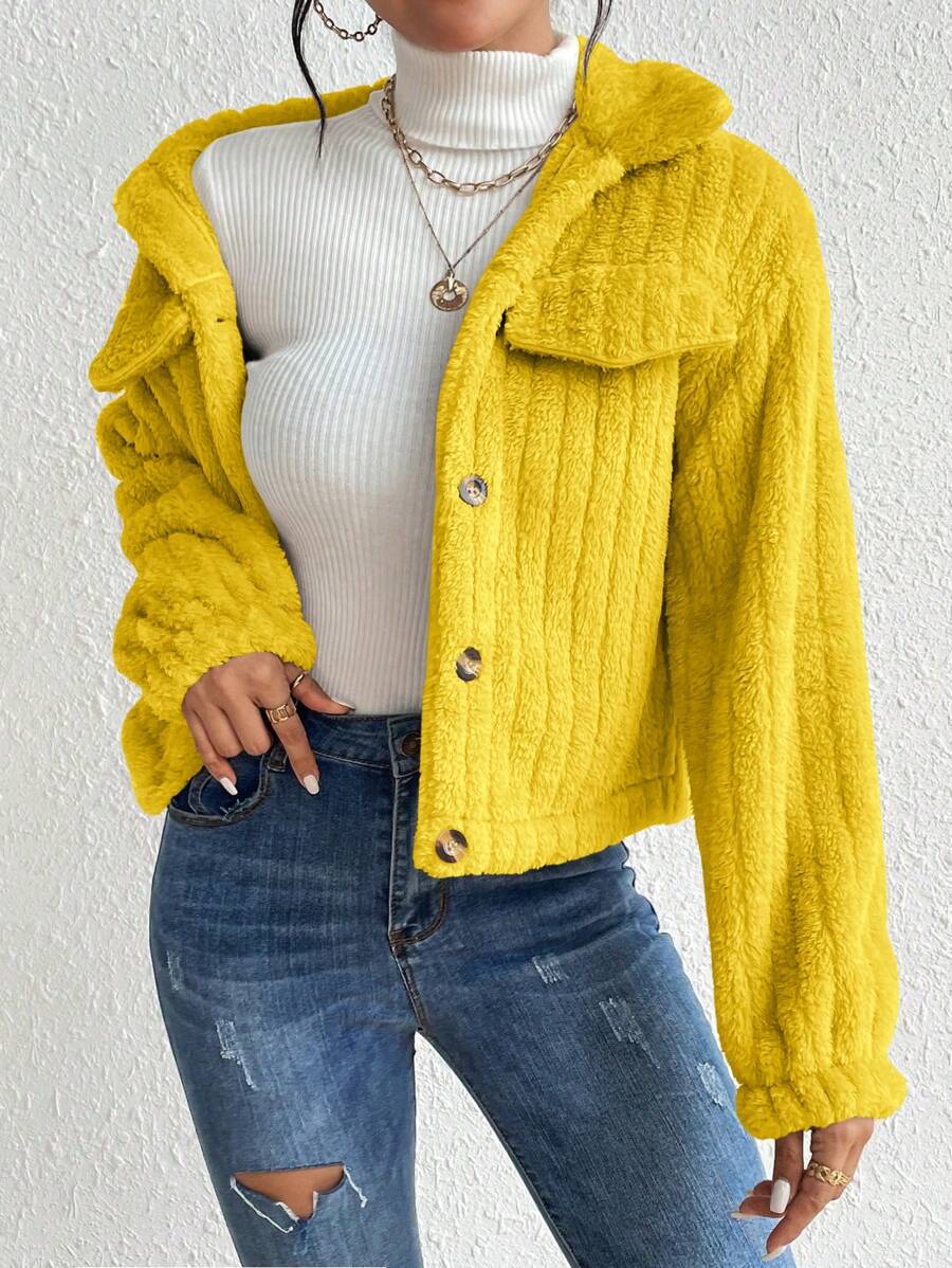 EMERY ROSE Flap Detail Fluffy Jacket Fall Winter Cloth For Women