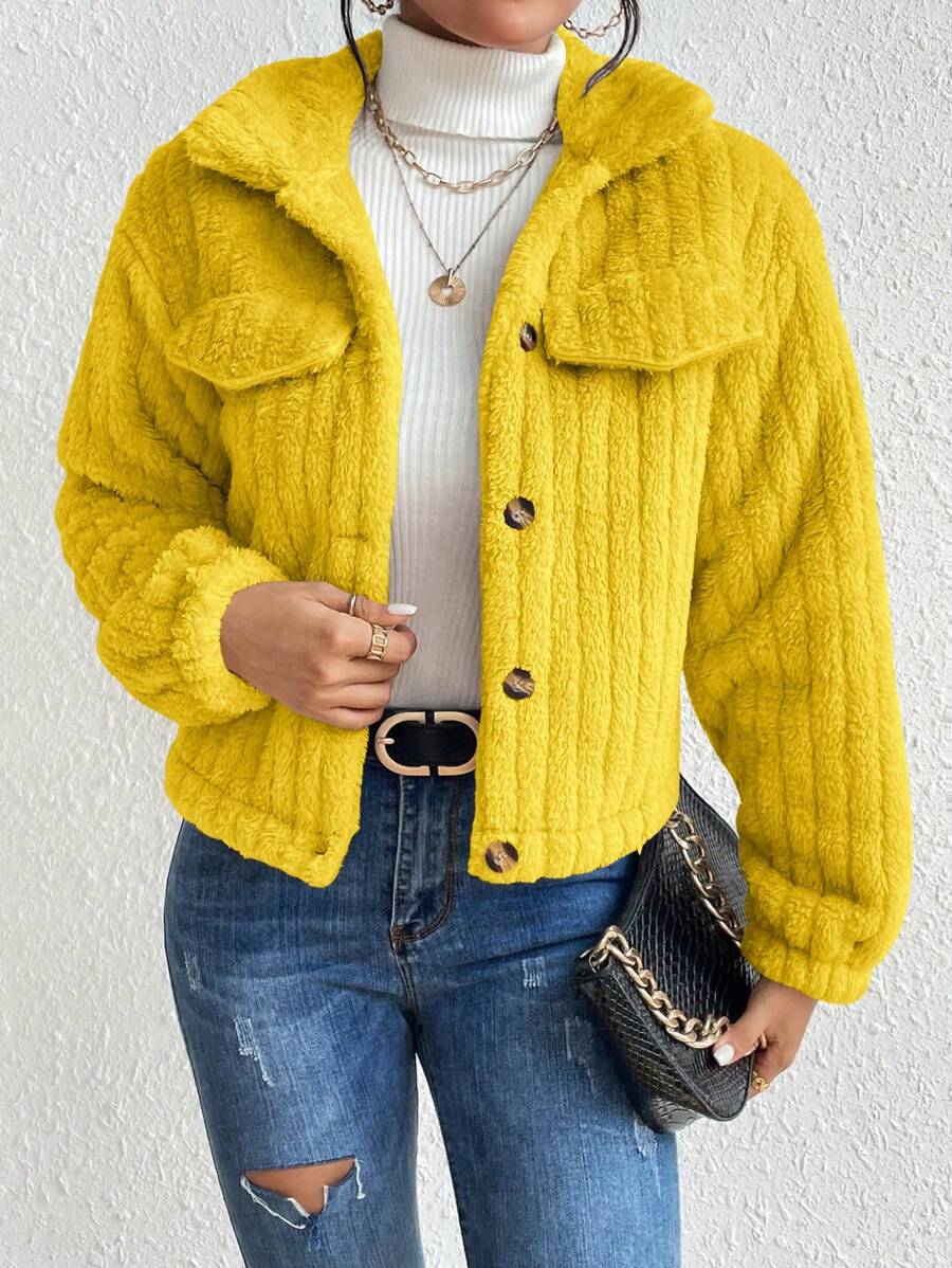 EMERY ROSE Flap Detail Fluffy Jacket Fall Winter Cloth For Women