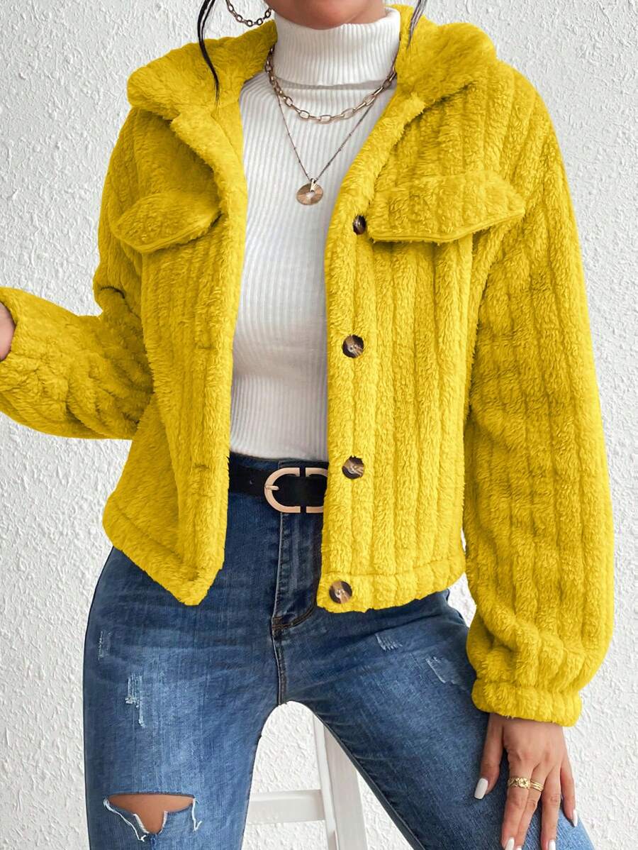 EMERY ROSE Flap Detail Fluffy Jacket Fall Winter Cloth For Women