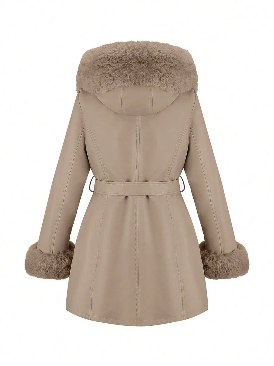 Giolshon Women's PU Jacket With Faux Fur And Belt - Perfect For Fall And Winter, And Stylish With Waist Tie For Casual Or Work Commute