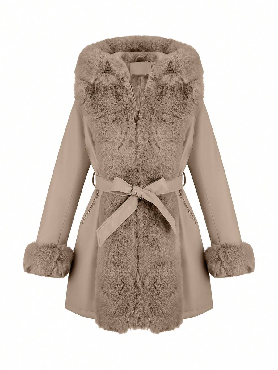 Giolshon Women's PU Jacket With Faux Fur And Belt - Perfect For Fall And Winter, And Stylish With Waist Tie For Casual Or Work Commute