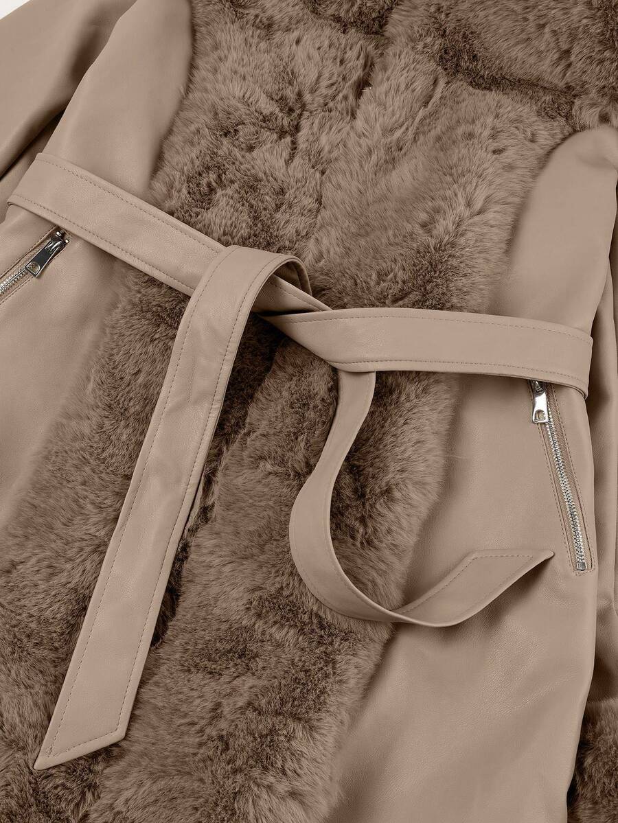 Giolshon Women's PU Jacket With Faux Fur And Belt - Perfect For Fall And Winter, And Stylish With Waist Tie For Casual Or Work Commute