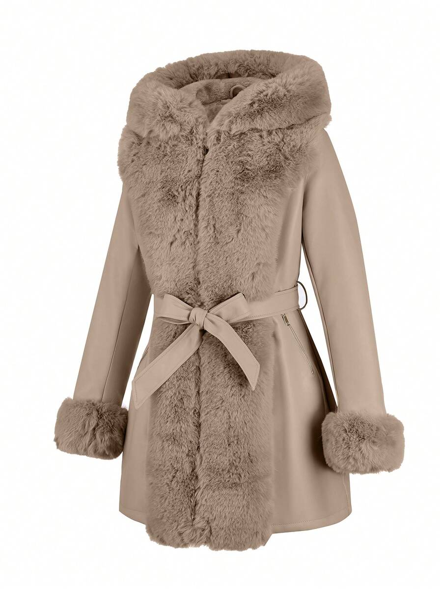 Giolshon Women's PU Jacket With Faux Fur And Belt - Perfect For Fall And Winter, And Stylish With Waist Tie For Casual Or Work Commute
