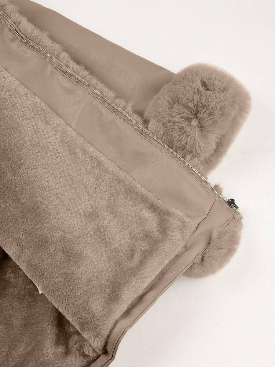 Giolshon Women's PU Jacket With Faux Fur And Belt - Perfect For Fall And Winter, And Stylish With Waist Tie For Casual Or Work Commute