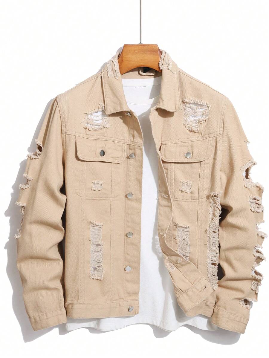 Manfinity Homme Men Long Sleeve Distressed Single Breasted Casual Denim Jacket, Fall