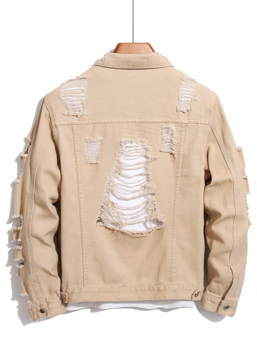 Manfinity Homme Men Long Sleeve Distressed Single Breasted Casual Denim Jacket, Fall