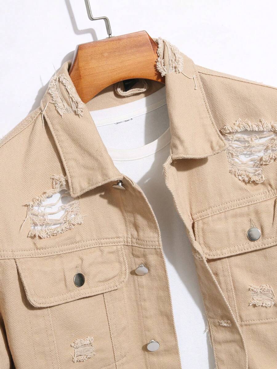Manfinity Homme Men Long Sleeve Distressed Single Breasted Casual Denim Jacket, Fall