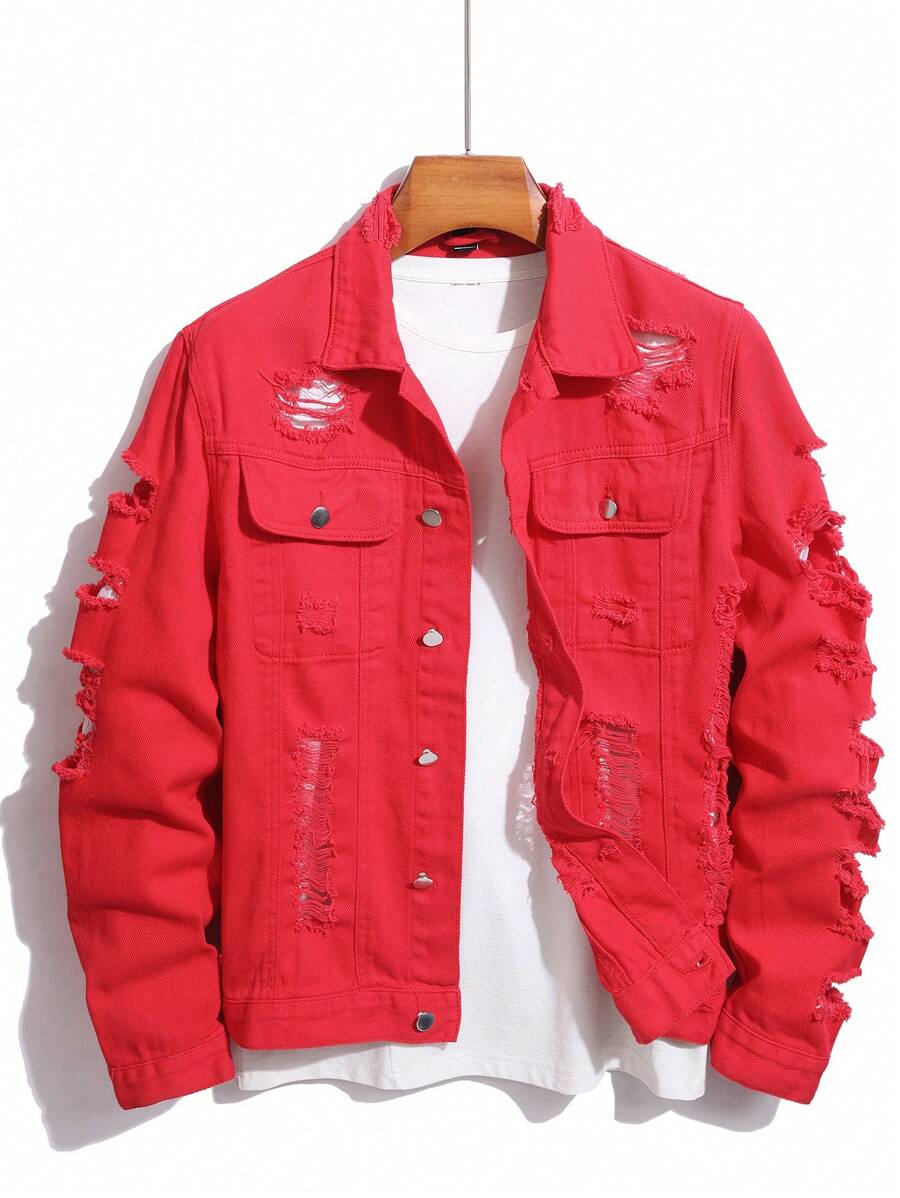 Manfinity Homme Men Long Sleeve Distressed Single Breasted Casual Denim Jacket, Fall