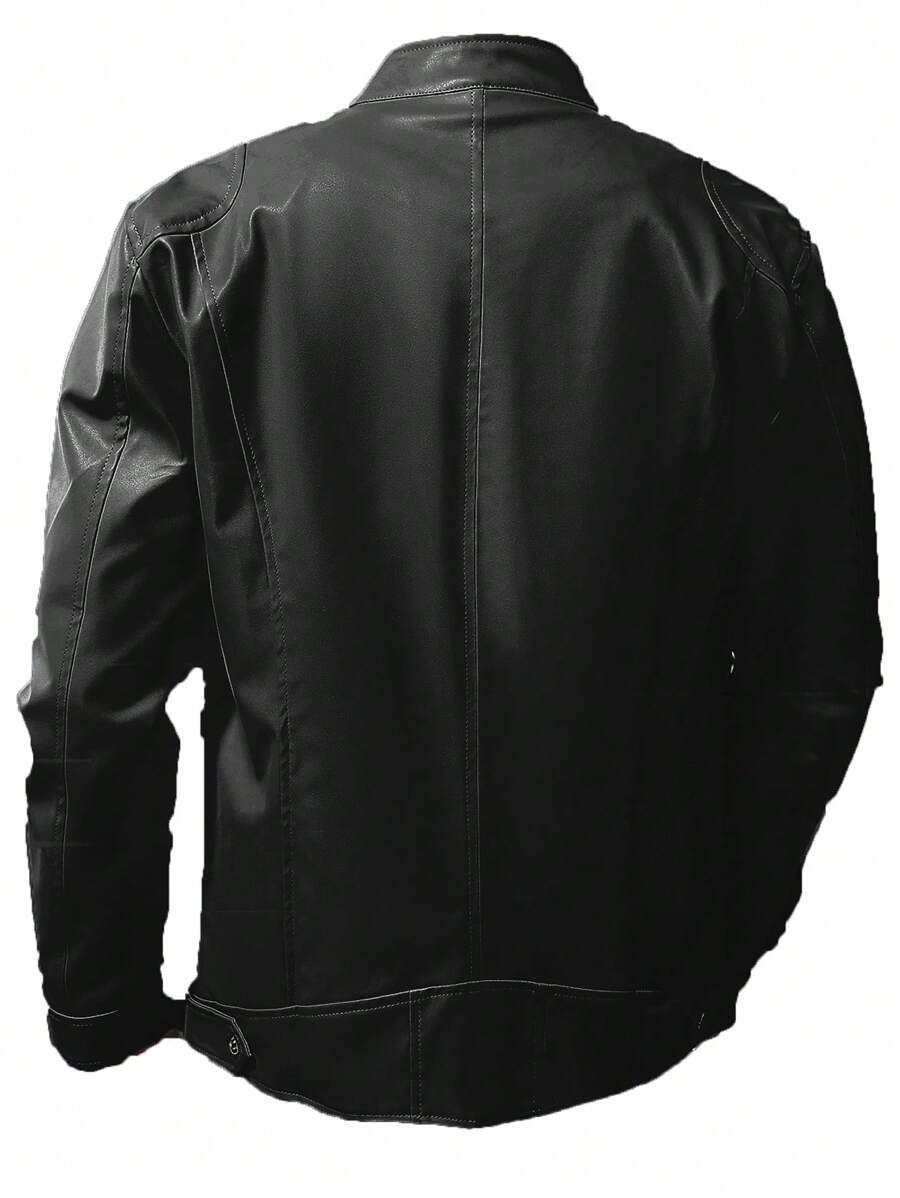 Men's Stand Collar Fitted Faux Leather Rave Jacket With Zipper Pockets, Motorcycle Style, For Fall Winter