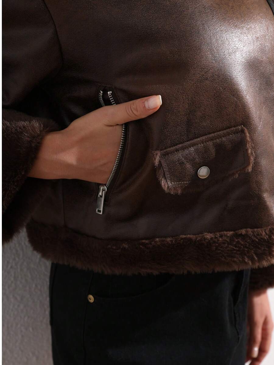 RELISH NOLESS Women's Autumn/Winter Faux Fur Lined Zip-Up Long Sleeve Jacket