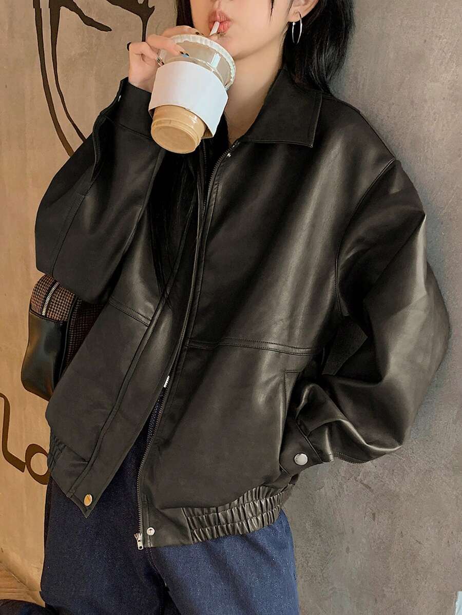 DAZY Women's Casual Solid Color Long Sleeve Loose Zip-Up PU Leather Jacket, Fall Women Clothes