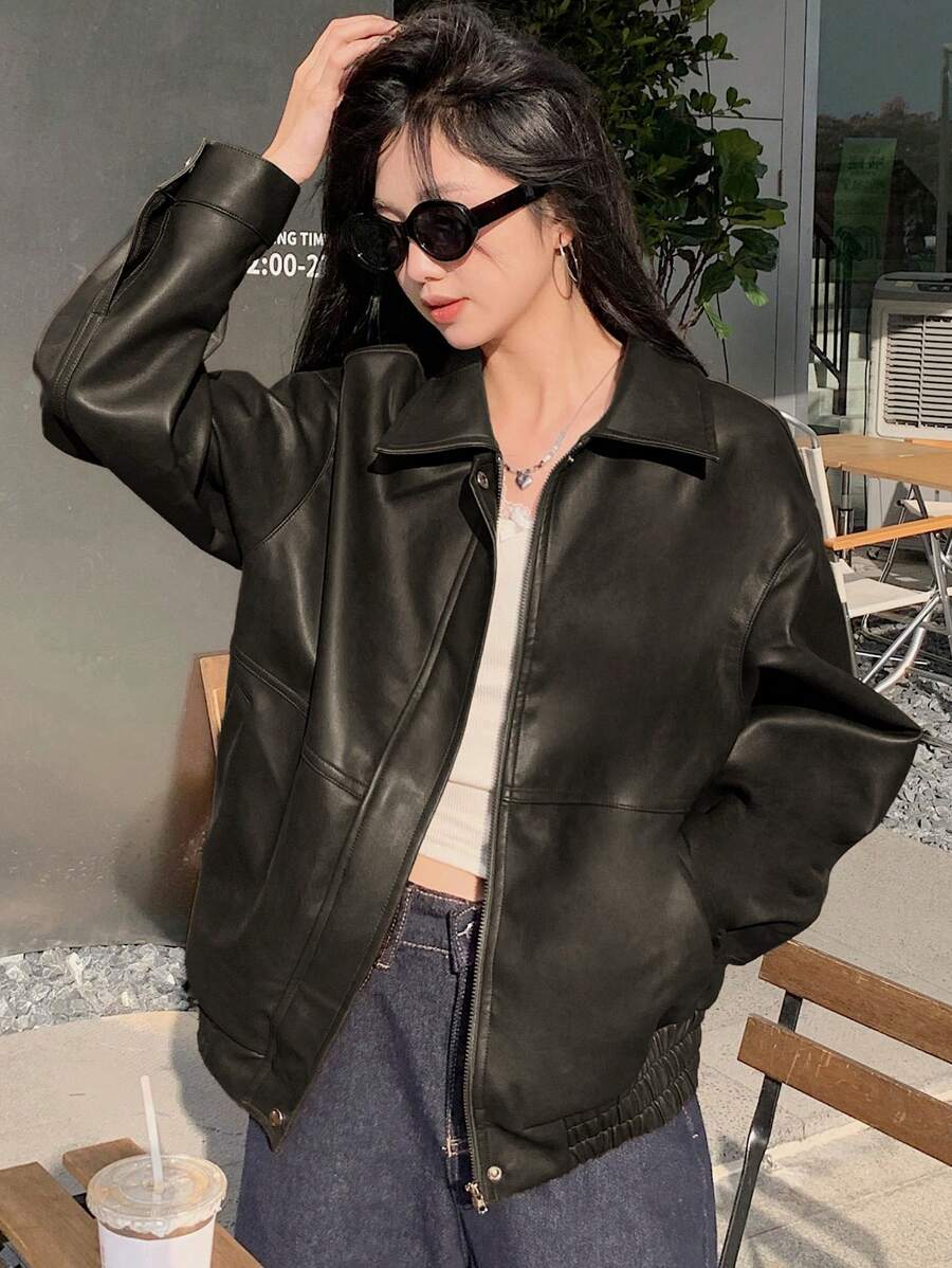 DAZY Women's Solid Color Long Sleeve Zipper Front PU Leather Loose Casual Jacket, Autumn, Fall Women Clothes