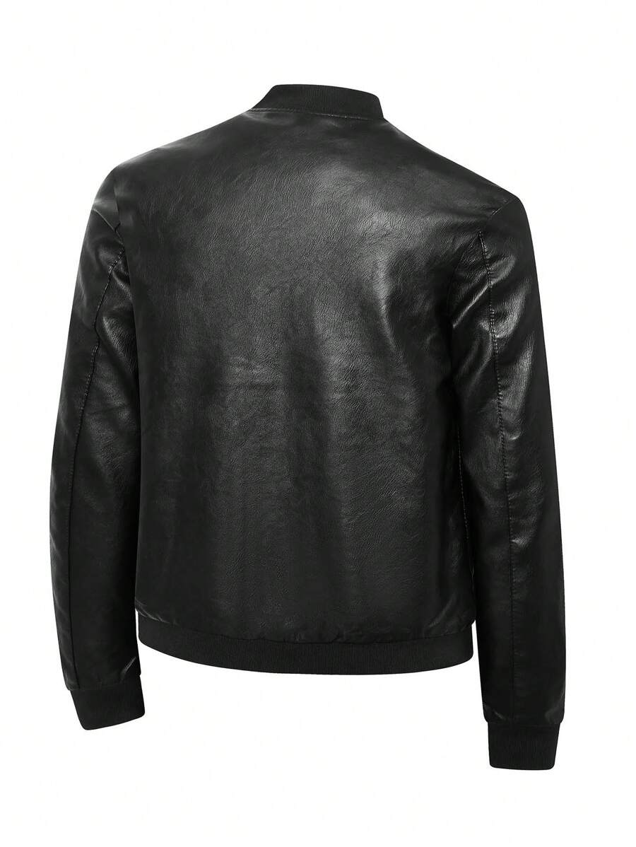 Men's PU Leather Pilot Jacket, Casual Long Sleeve Zippered Baseball Collar Coat With Pockets,Fleece