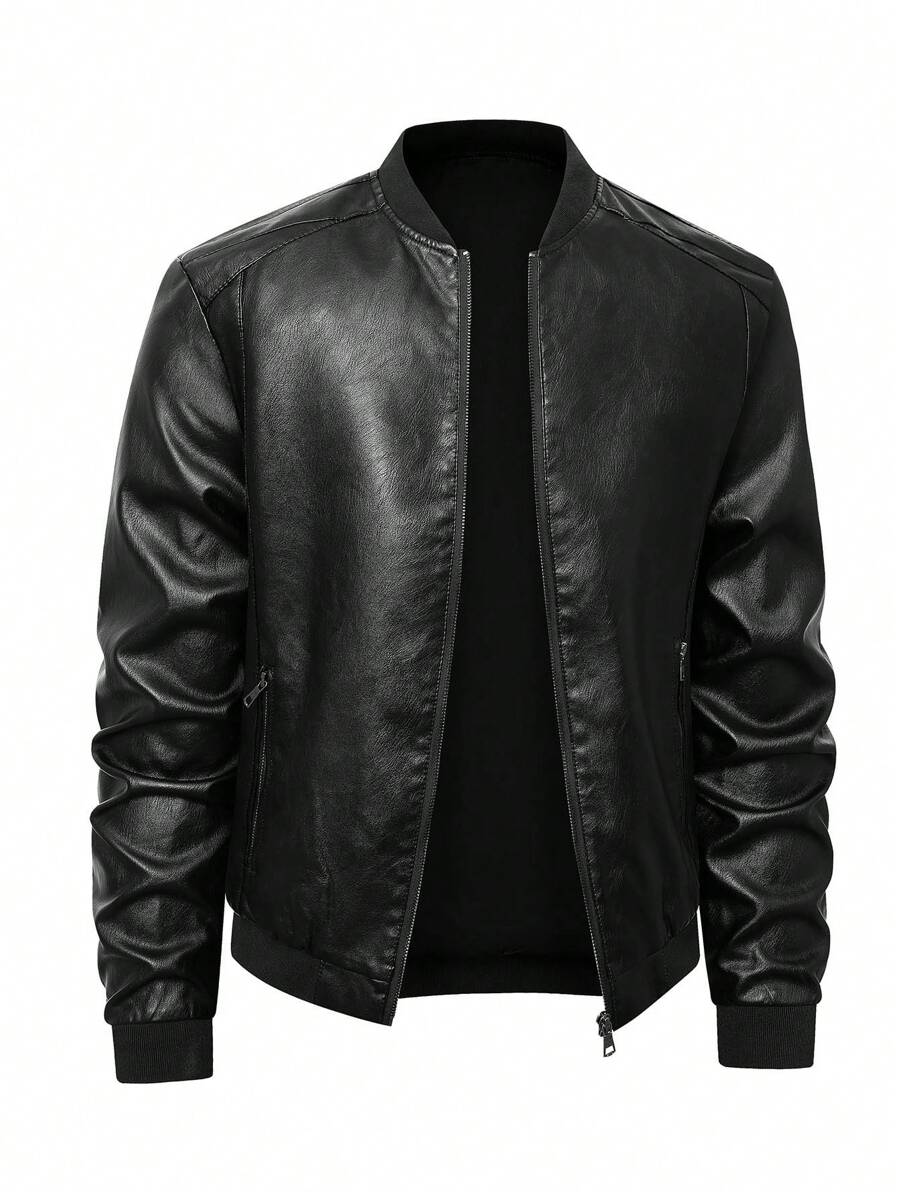 Men's PU Leather Pilot Jacket, Casual Long Sleeve Zippered Baseball Collar Coat With Pockets,Fleece