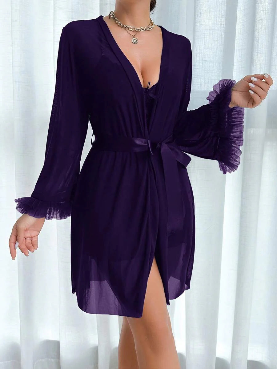 Slumberist 2pcs Set: Fishbone Style Cinch Waist Lace Cami Nightgown