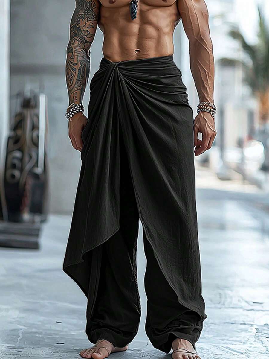 INCERUN Fashion Men Elastic High Waist Wrap Ruffles Palazzo Culotte Long Pants Summer Holiday Party Casual Loose Trousers Bottoms