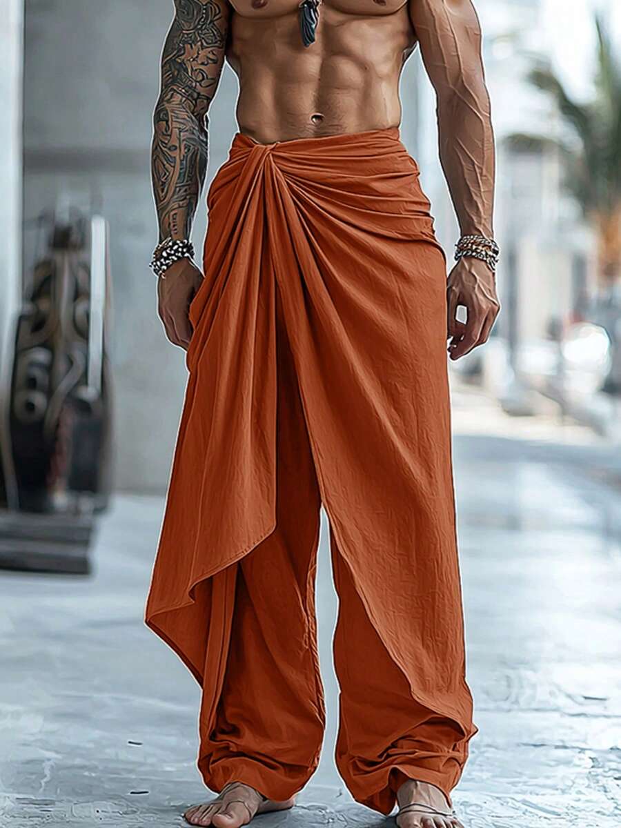 INCERUN Fashion Men Elastic High Waist Wrap Ruffles Palazzo Culotte Long Pants Summer Holiday Party Casual Loose Trousers Bottoms