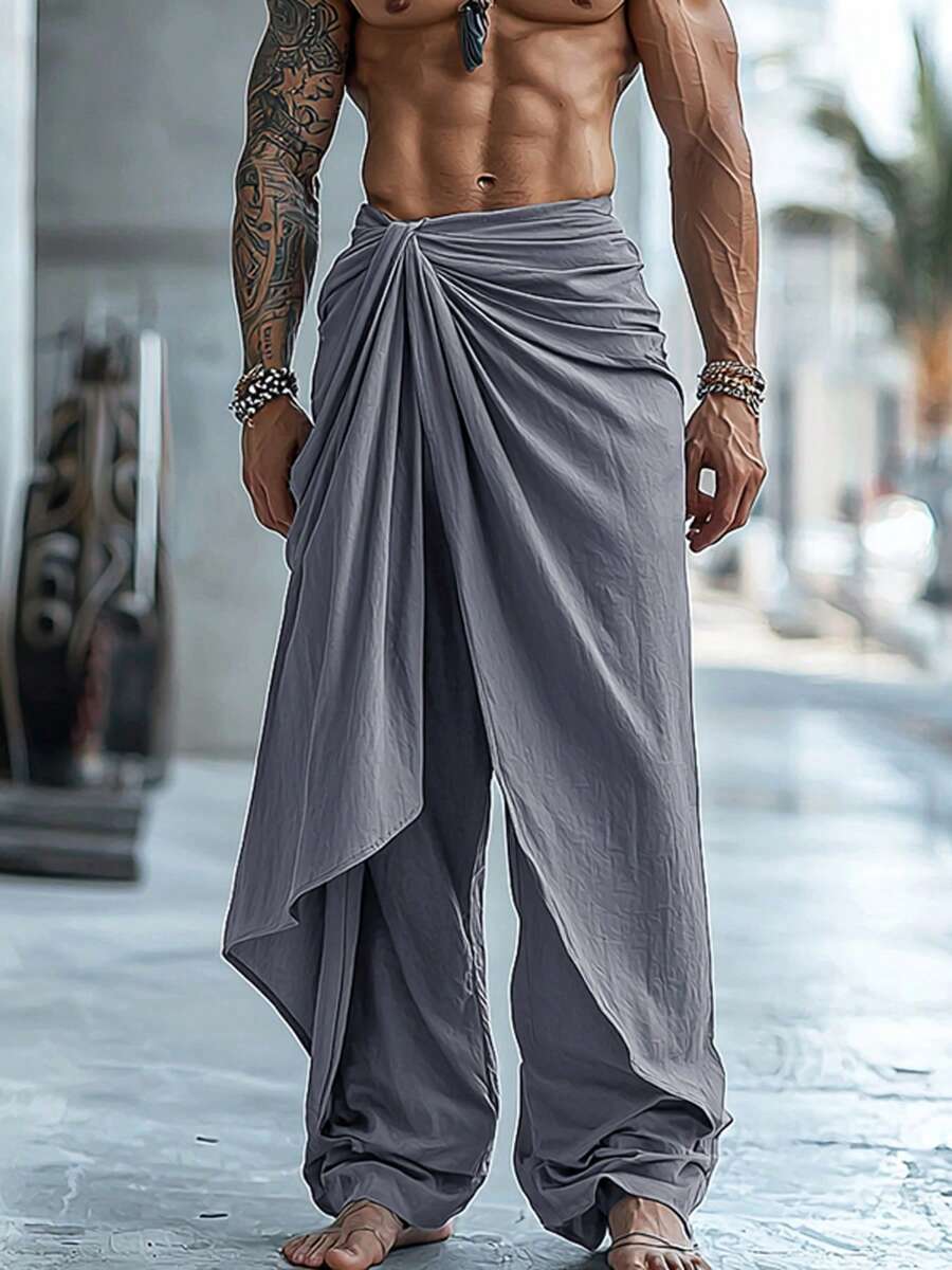 INCERUN Fashion Men Elastic High Waist Wrap Ruffles Palazzo Culotte Long Pants Summer Holiday Party Casual Loose Trousers Bottoms