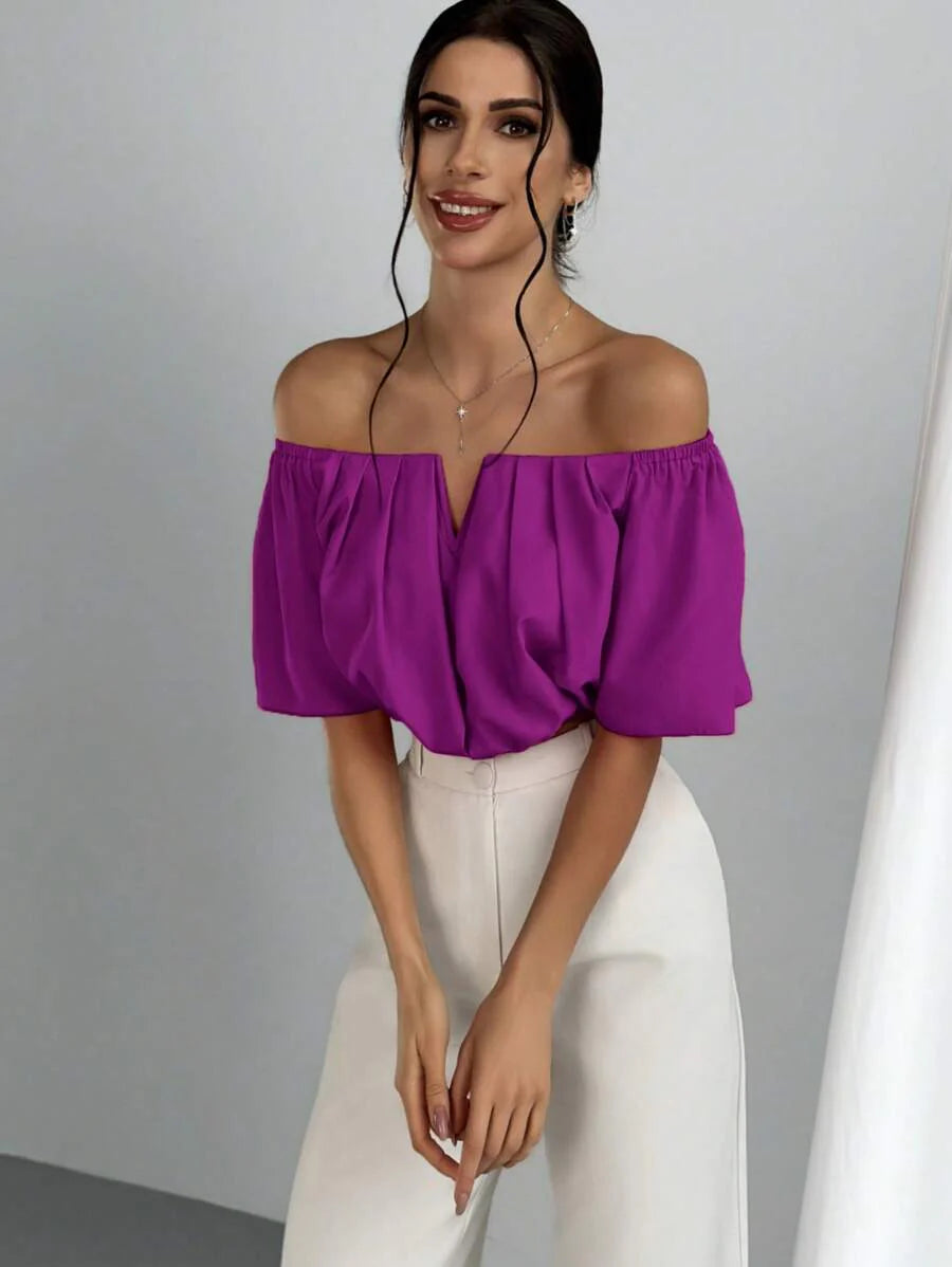 Aloruh Solid Color V-Neck Off Shoulder Casual Top