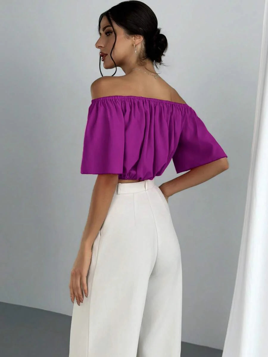 Aloruh Solid Color V-Neck Off Shoulder Casual Top