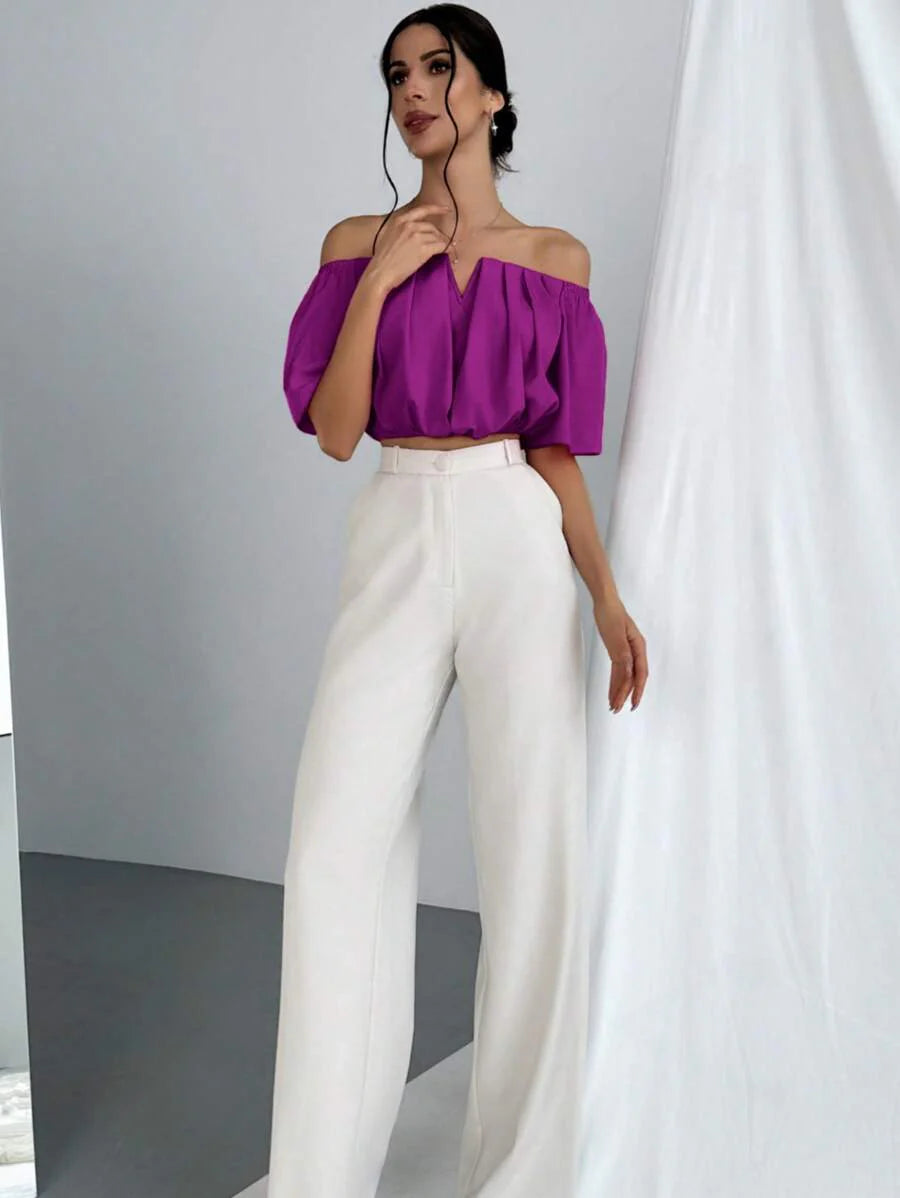 Aloruh Solid Color V-Neck Off Shoulder Casual Top
