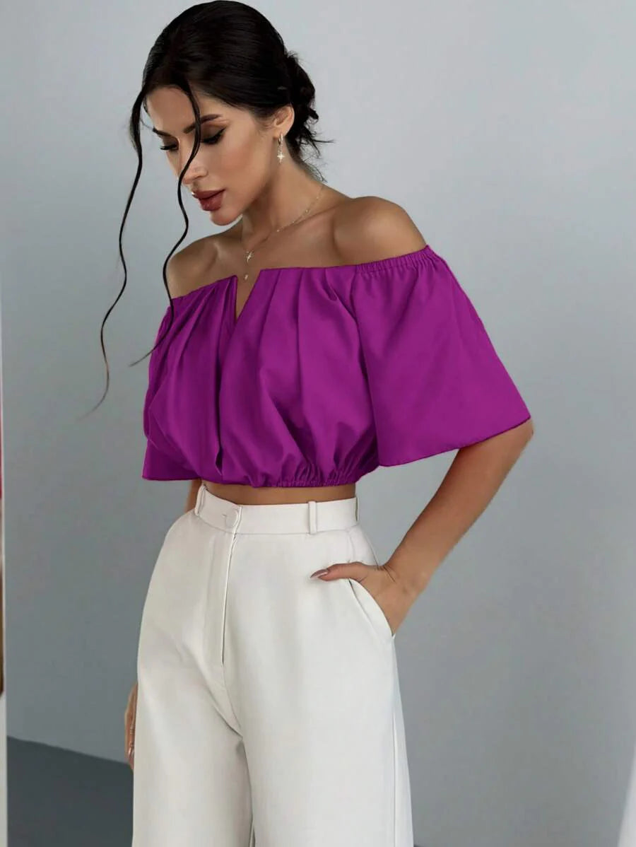 Aloruh Solid Color V-Neck Off Shoulder Casual Top