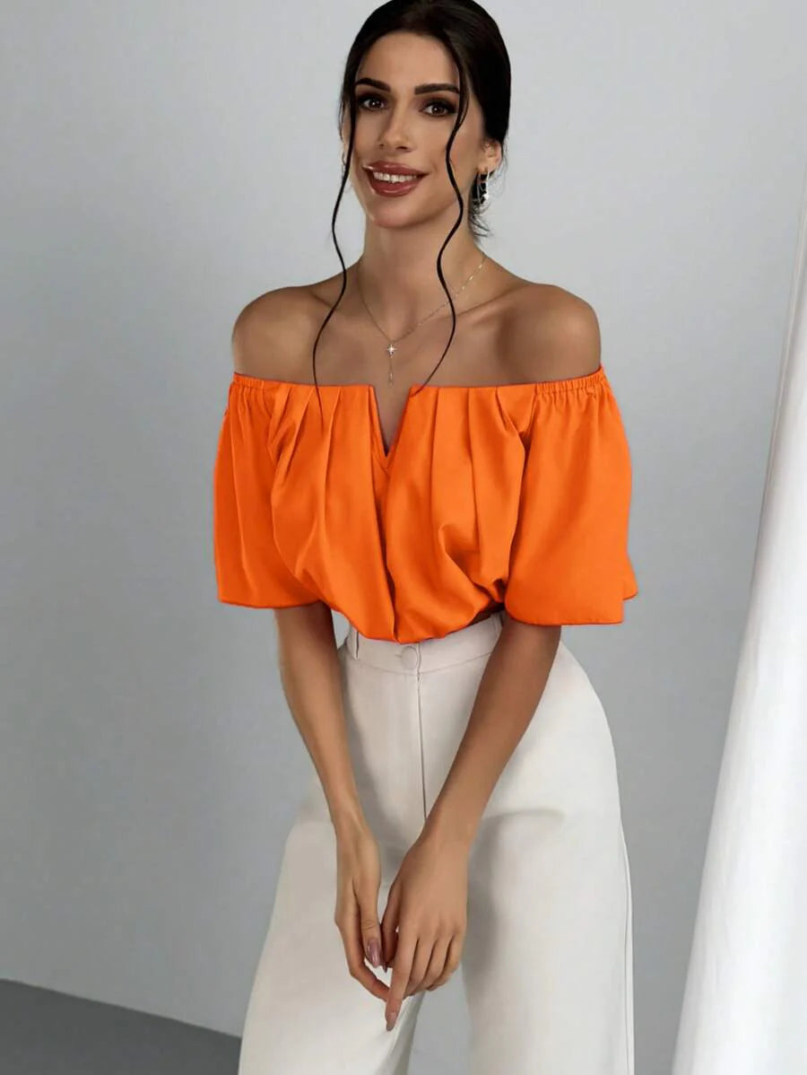 Aloruh Solid Color V-Neck Off Shoulder Casual Top
