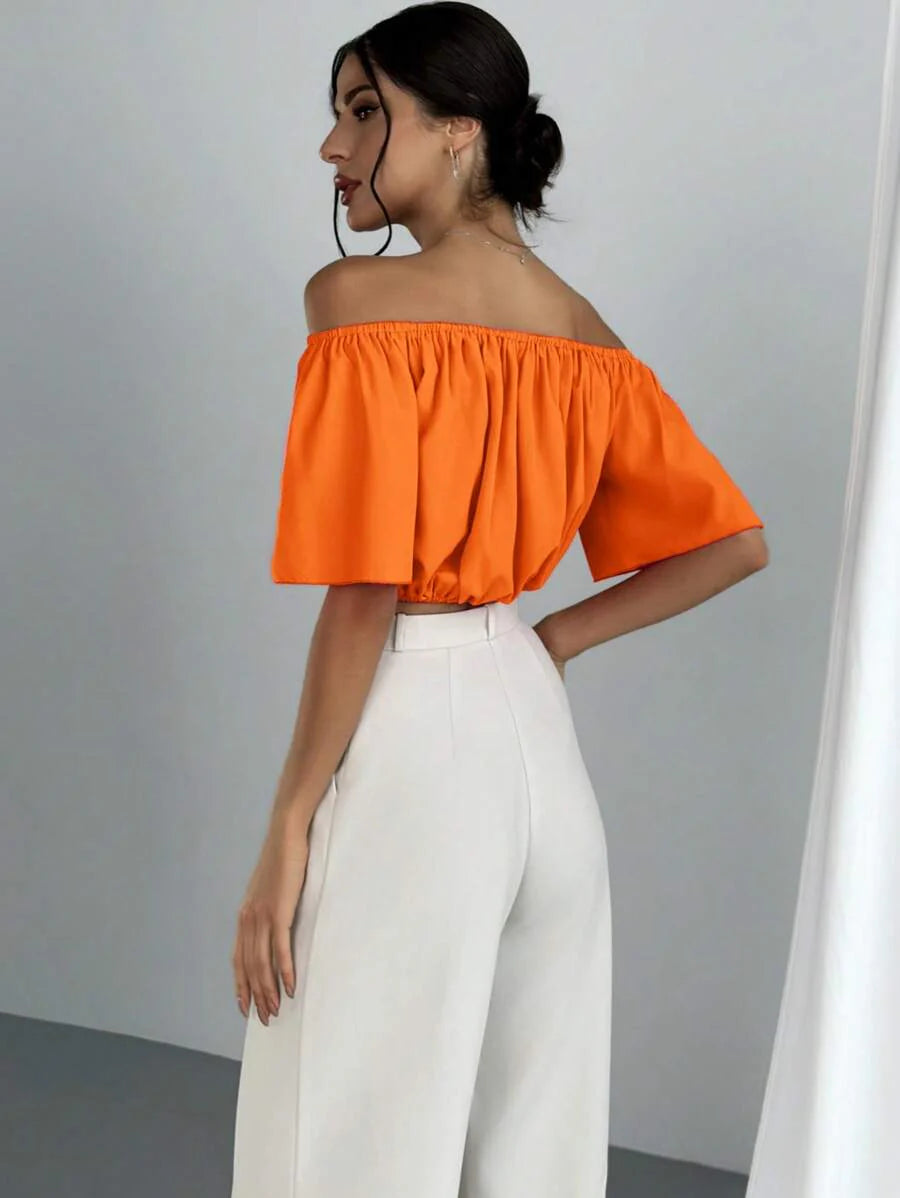 Aloruh Solid Color V-Neck Off Shoulder Casual Top