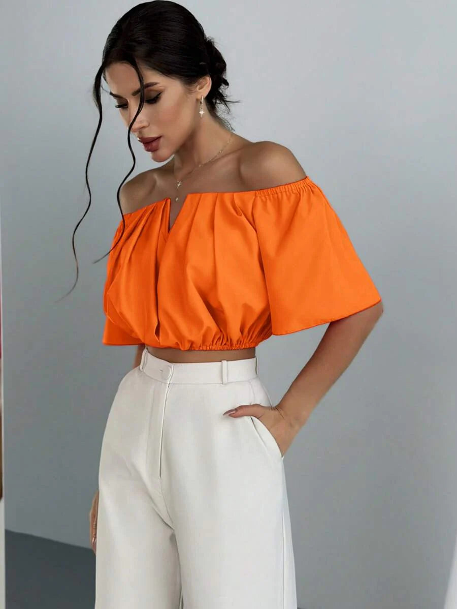 Aloruh Solid Color V-Neck Off Shoulder Casual Top