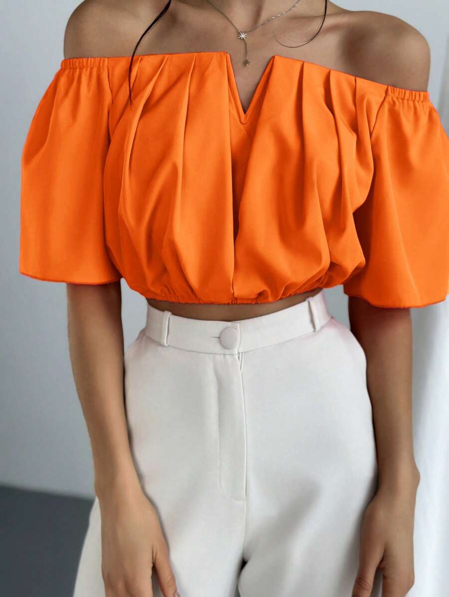 Aloruh Solid Color V-Neck Off Shoulder Casual Top