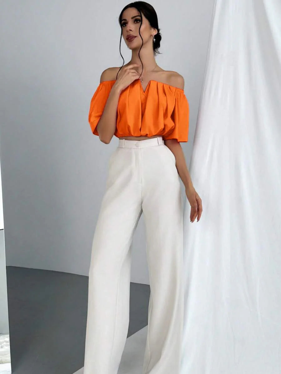 Aloruh Solid Color V-Neck Off Shoulder Casual Top