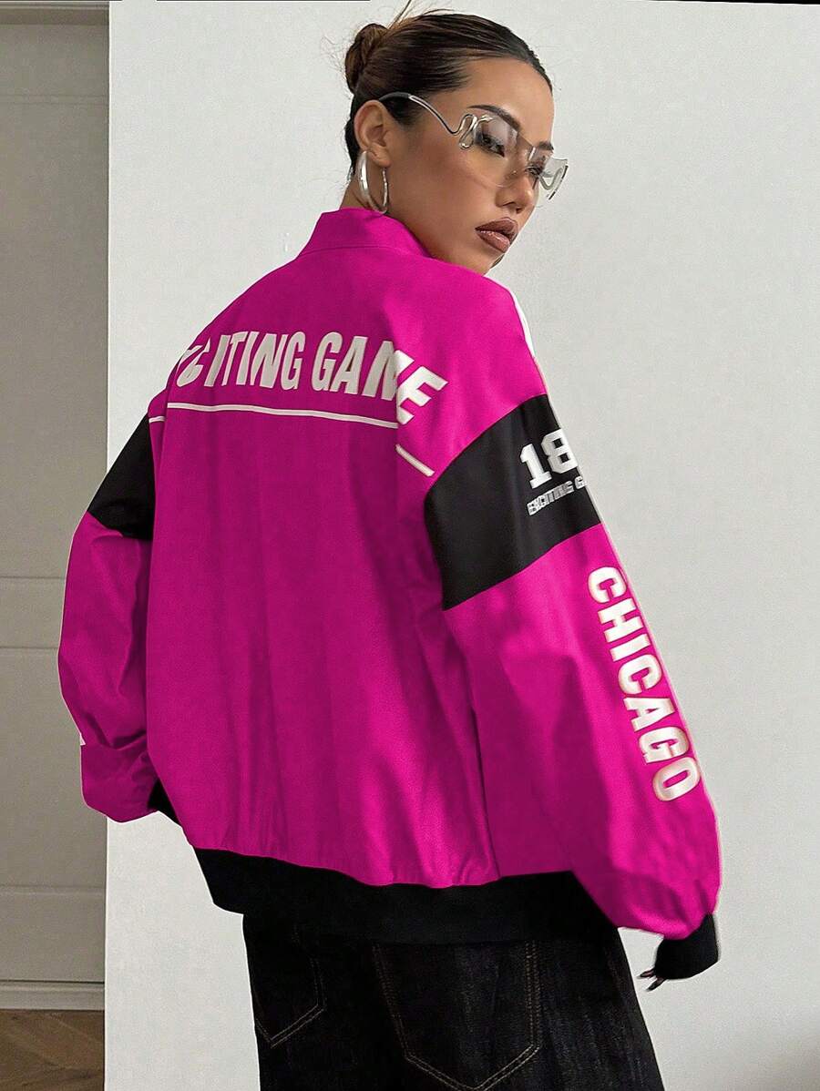 PETITE Letter Print Contrast Color Drop Shoulder Bomber Jacket For New Year Clothes