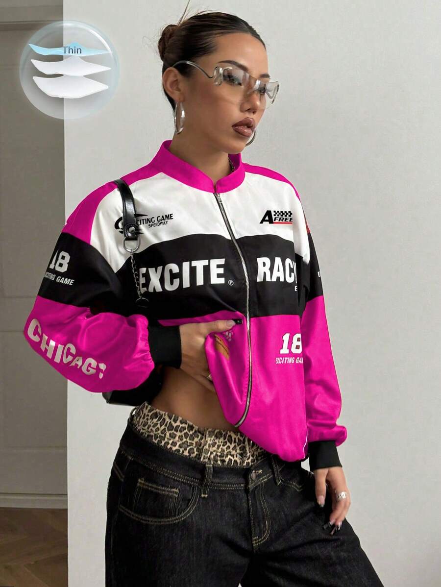 PETITE Letter Print Contrast Color Drop Shoulder Bomber Jacket For New Year Clothes