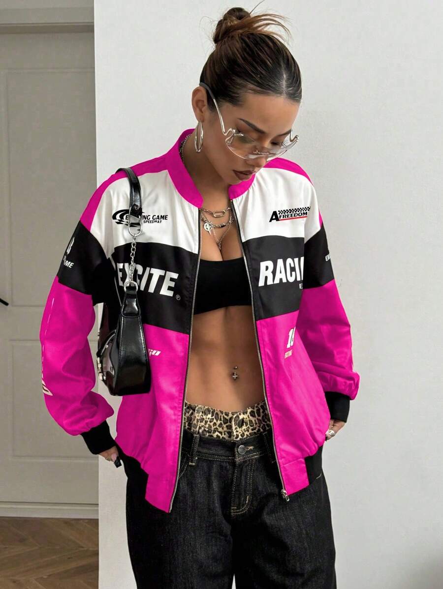 PETITE Letter Print Contrast Color Drop Shoulder Bomber Jacket For New Year Clothes