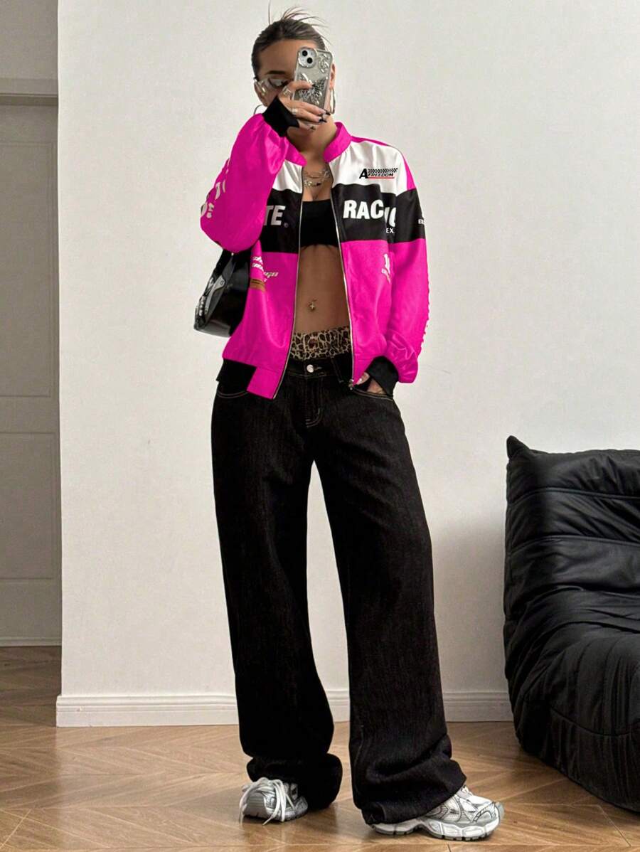 PETITE Letter Print Contrast Color Drop Shoulder Bomber Jacket For New Year Clothes
