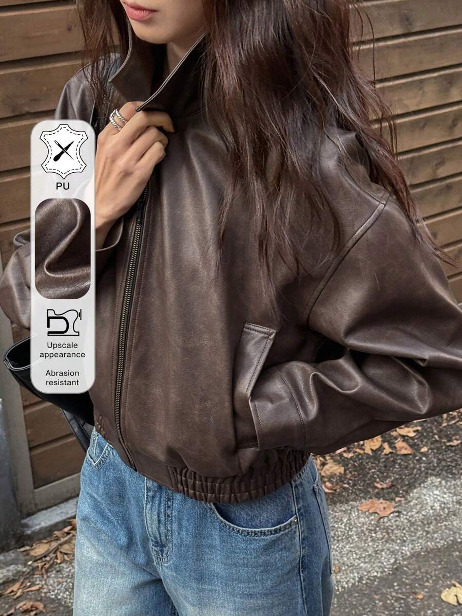 DAZY Spring New Distressed Leather Jacket, Short Style Lady Casual Outerwear, Fall Clothes
