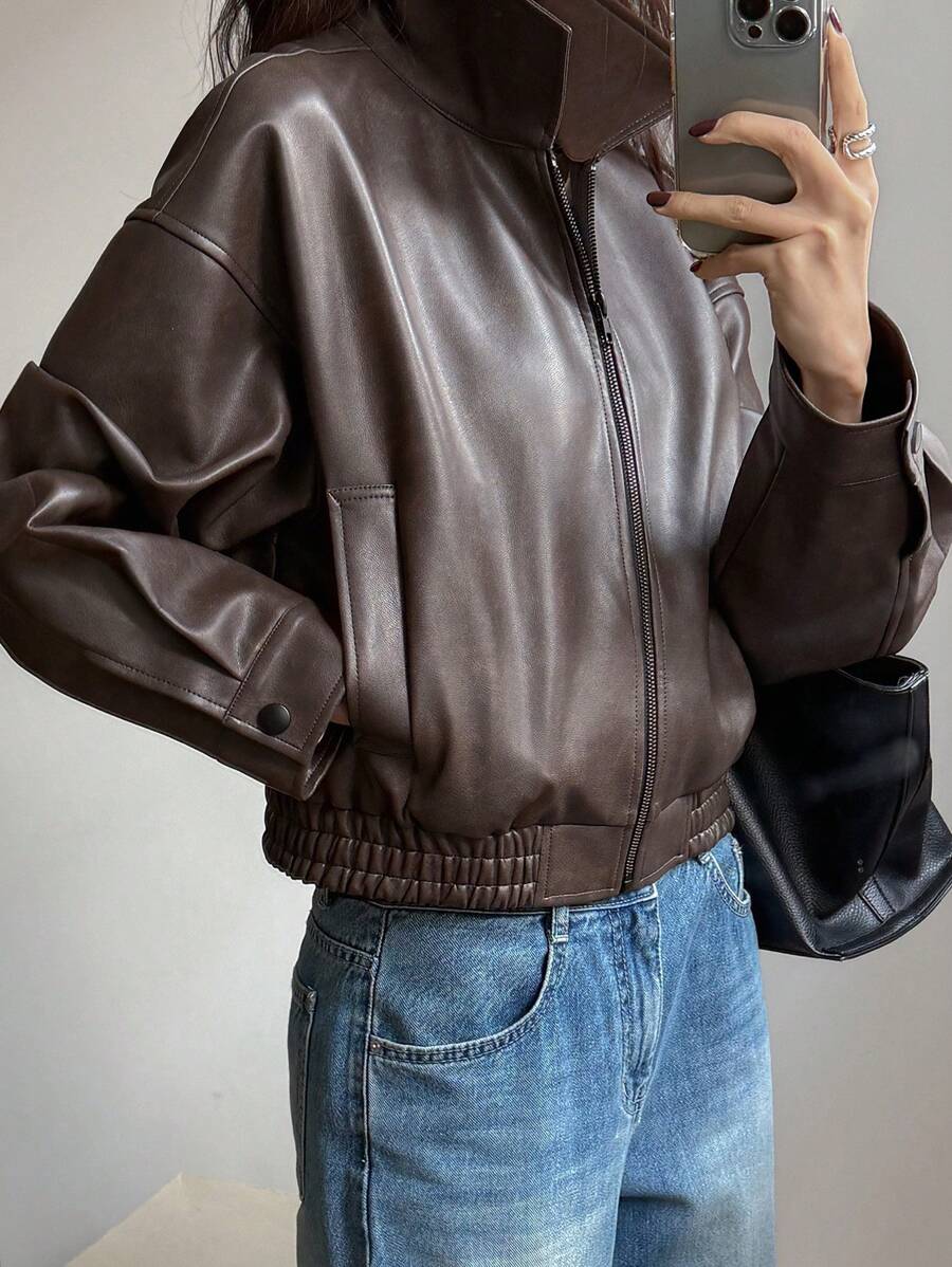 DAZY Spring New Distressed Leather Jacket, Short Style Lady Casual Outerwear, Fall Clothes