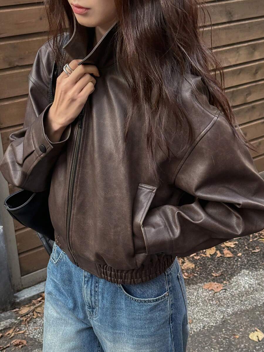 DAZY Spring New Distressed Leather Jacket, Short Style Lady Casual Outerwear, Fall Clothes