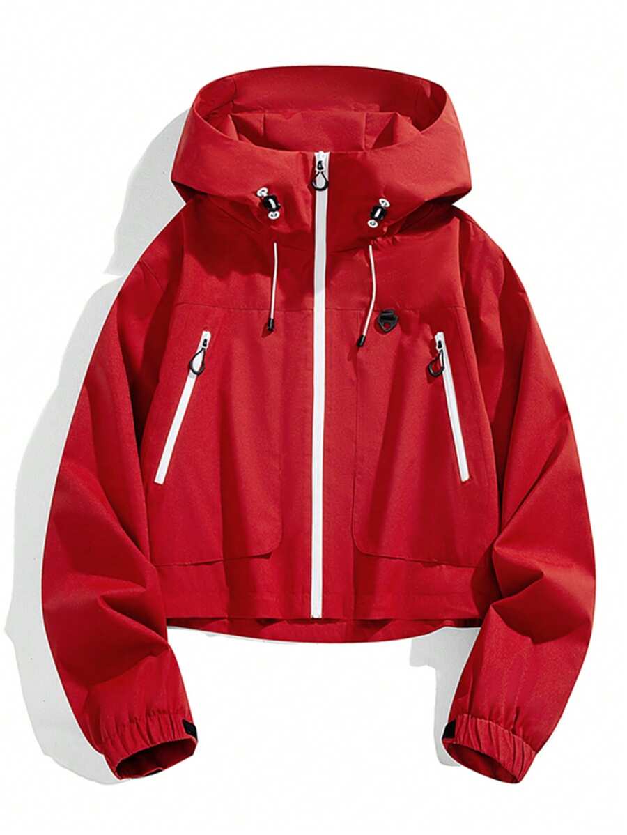 1pc Women's Short Jacket, Spring Lightweight Hooded Multi-Pocket Windbreaker, Water-Resistant Zipper Casual Outdoor