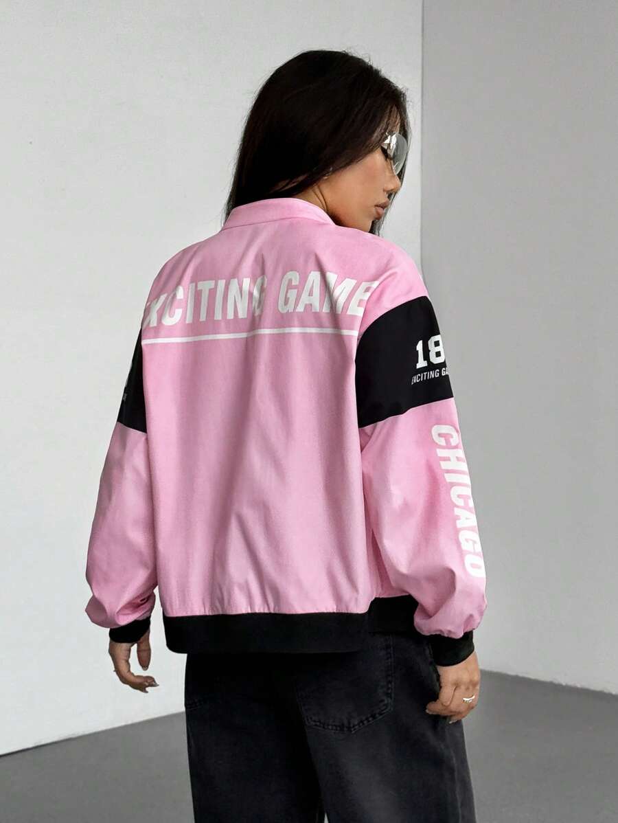 PETITE Letter Print Contrast Color Drop Shoulder Bomber Jacket For New Year Clothes