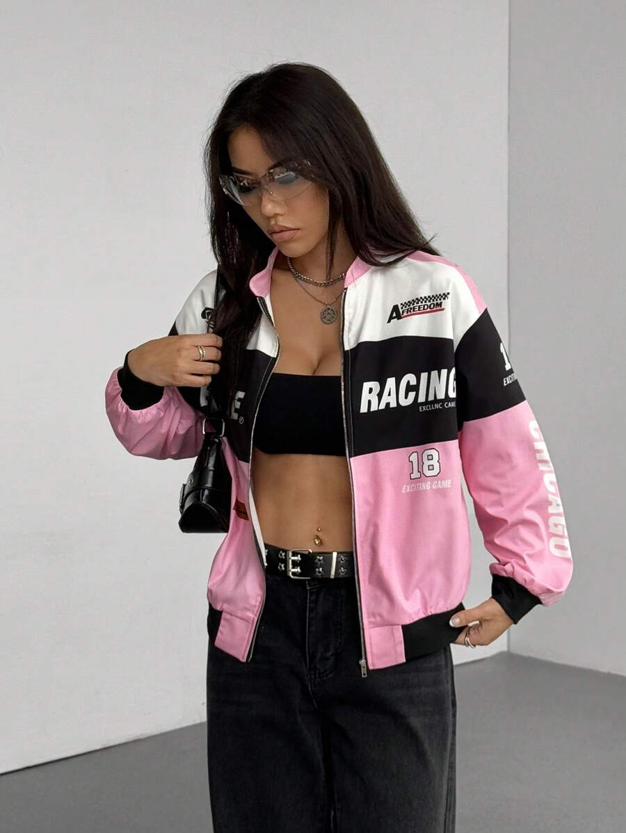 PETITE Letter Print Contrast Color Drop Shoulder Bomber Jacket For New Year Clothes