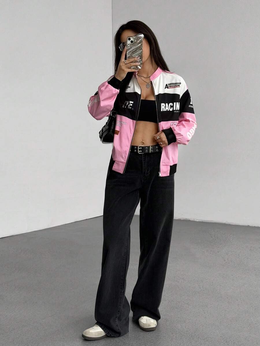 PETITE Letter Print Contrast Color Drop Shoulder Bomber Jacket For New Year Clothes
