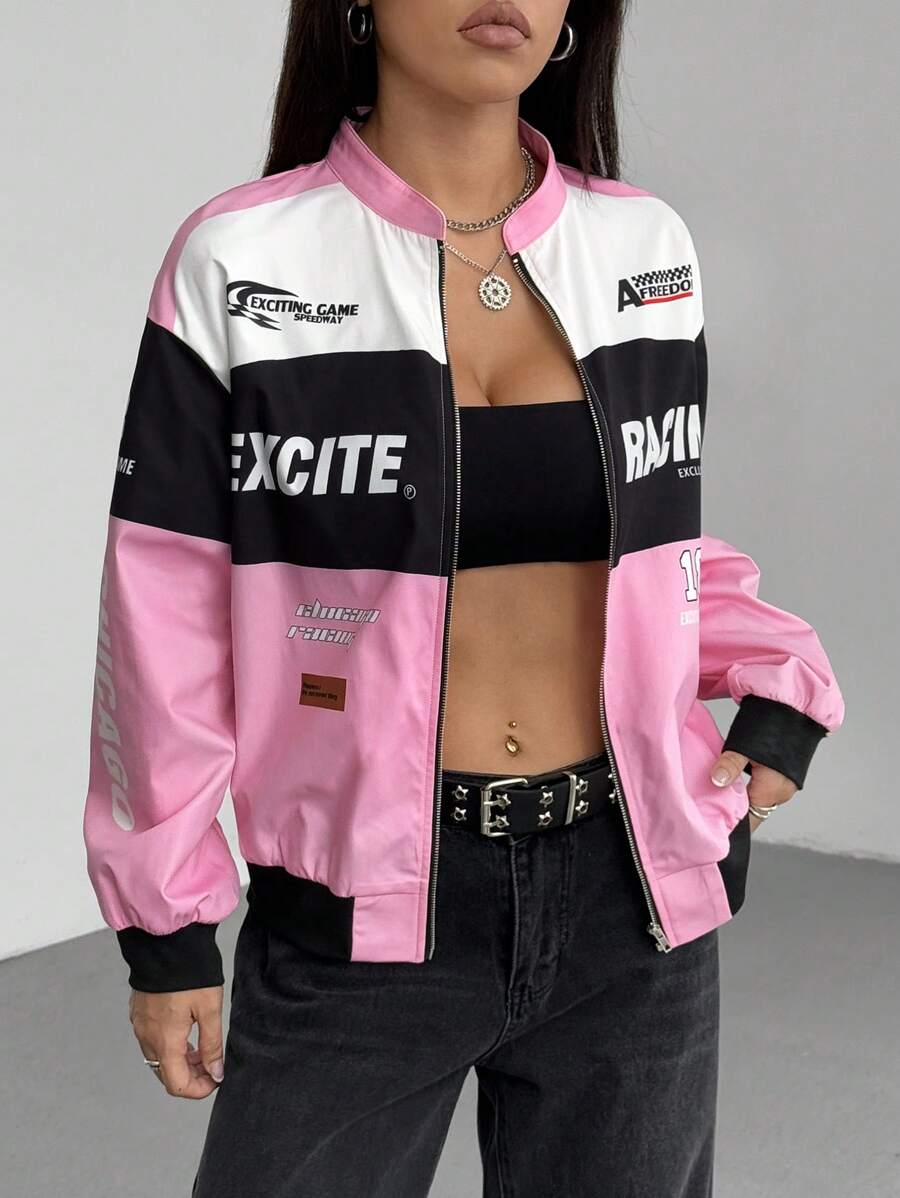 PETITE Letter Print Contrast Color Drop Shoulder Bomber Jacket For New Year Clothes
